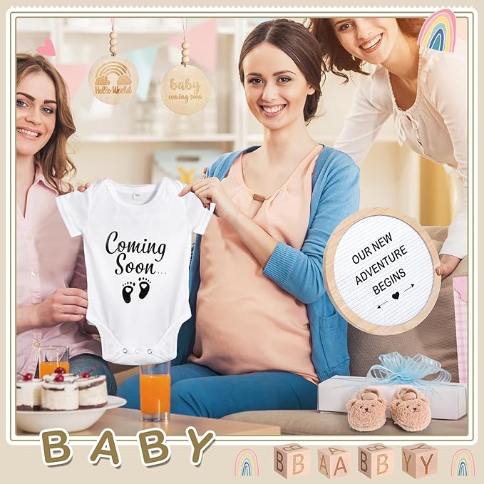 8 Pcs Pregnancy Announcement Set Pregnancy Reveal Ideas Include Felt Letter Round Board Kit Baby Bodysuit Booties Wood Blocks Wooden Signs for Coming Soon Baby Announcement(White)