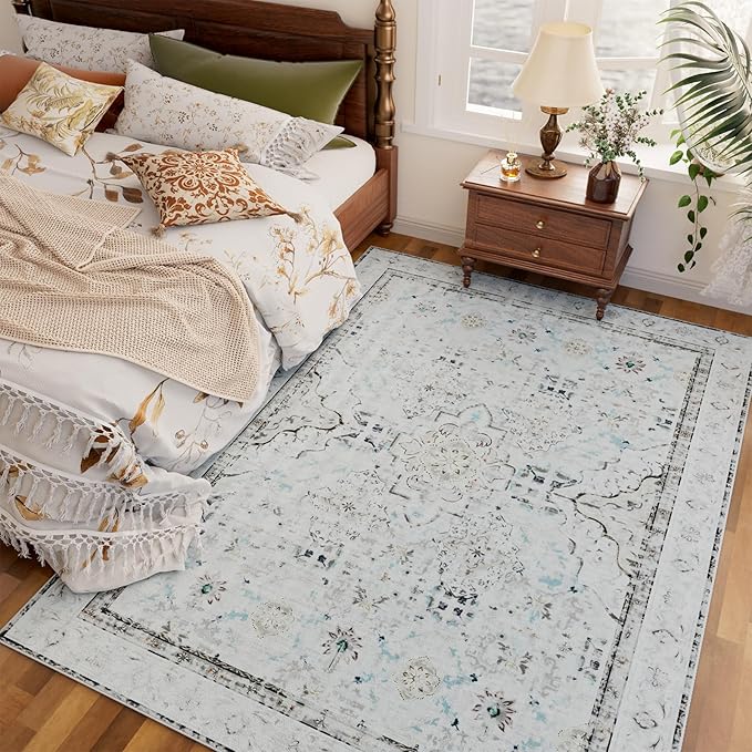 AMTOVO Area Rugs 5'x7' Washable Non-Slip, Vintage Boho Distressed Print Pattern Rugs for Living Room, Soft Low Pile Carpet for Bedroom Indoor Playroom Nursery Farmhouse Dining Room, Light Grey
