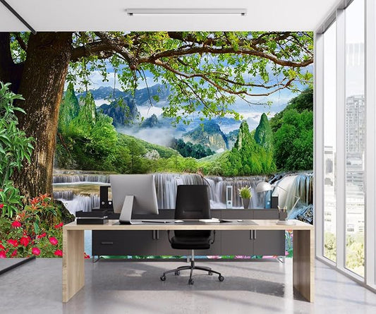 Waterfall Landscape Wallpaper Natural Scenic Wall Mural for Living Room Office（Not Peel and Stick）