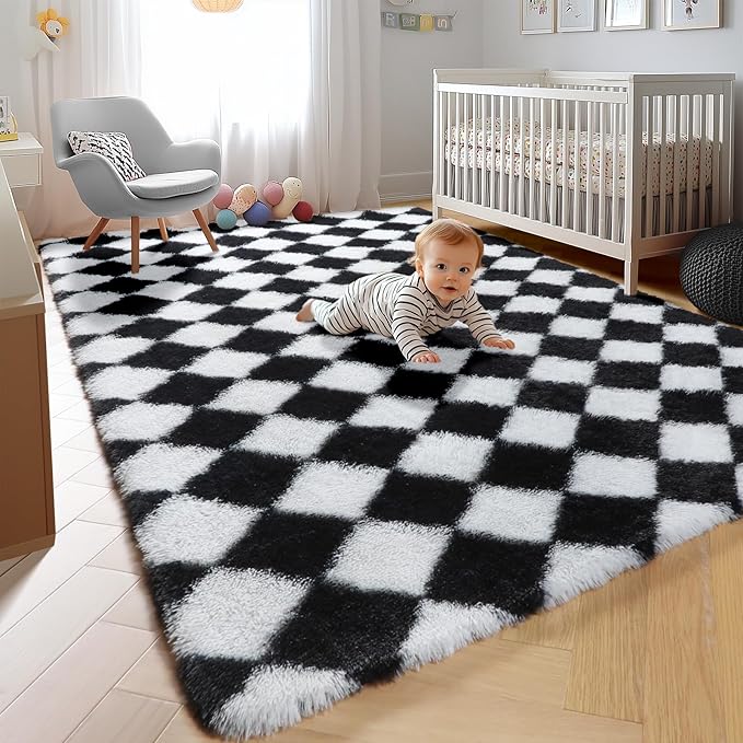 KICMOR Area Rugs for Bedroom Living Room, Black and White 4x6 Fluffy Soft Checkered Bedside Rug Fuzzy Shag Shaggy Carpet, Indoor Plush Rugs for Kids Boys Girls Teen Dorm Nursery Home Decor Aesthetic