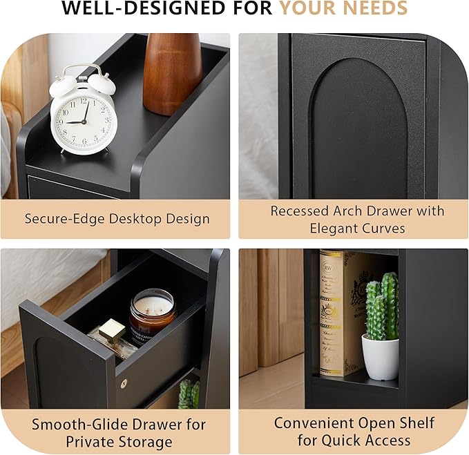 Narrow Nightstands Set of 2, Slim Bedside Tables with Raised Edge Top, Arched Drawer & Open Shelf, Modern Wooden Small End Tables for Bedroom Small Spaces (2, Black)