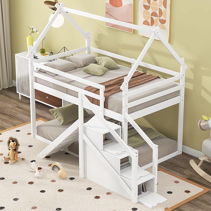 Flieks Twin Over Twin House Loft or Bunk Bed Frame for Boys Girls Kids Adults Toddler with Slide and Staircase, White