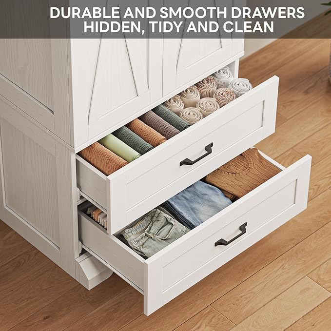 LIKIMIO Armoire Wardrobe Closet 70.9" H, Bedroom Wooden Wardrobe with 2 Doors, 2 Drawers and Sensor Light, Clothing Storage Cabinet Organizer Combination with Hanging Rod, Hooks, White