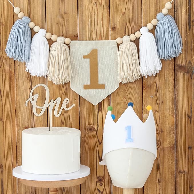 Baby Boy 1st Birthday Party Decorations For Handmade Tassel Garland Highchair Banner With Cake Topper Crown Hat