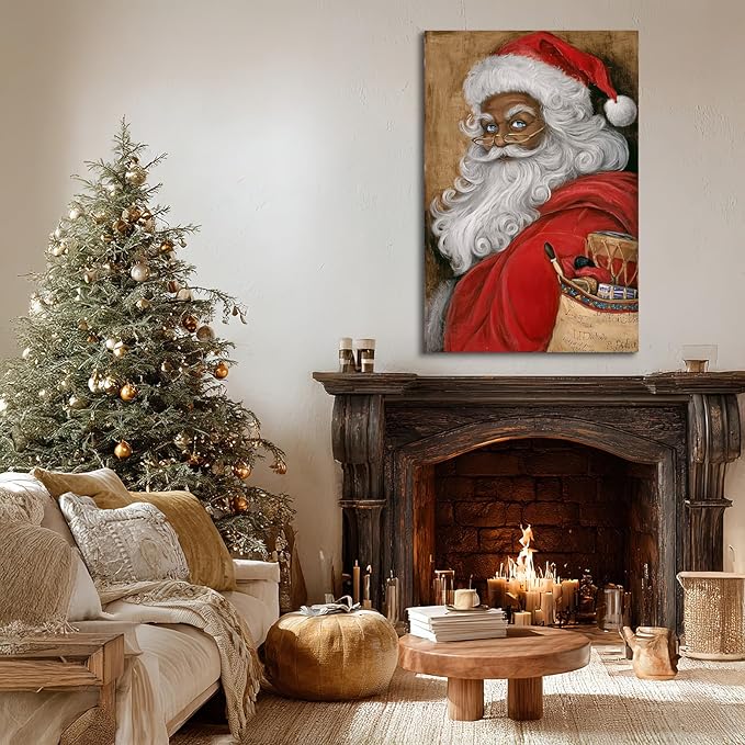 YONICA Christmas Canvas Wall Art Vintage Santa 12x18 Inch Retro Gift Bag with Toys - Large Framed Gallery Wrapped Traditional Decor
