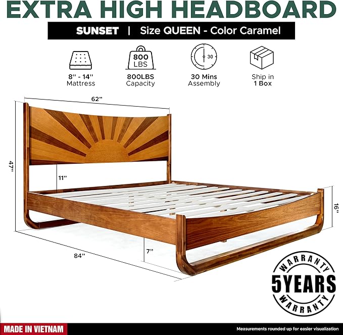 Sunset Solid Acacia Wood Queen Platform Bed, Tall Headboard, Mid-Century Art Deco Design, No Box Spring Needed, Sturdy Slat Support, Scratch & Water-Resistant, Caramel Finish