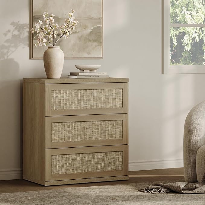 SICOTAS Dresser for Bedroom - Rattan Dresser with 3 Drawers Nursery Dressers & Chests of Drawers Boho Dressers for Bedroom Living Room Small Deep Clothes Closet Storage for Closet Hallway Entryway