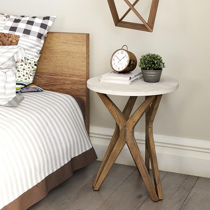 LONYKE Pedestal Farmhouse End Table, Distressed Top with Tripod Base Bedside Table for Living Room, Modern, Boho Decor, Round (1 Pack, White & Walnut)
