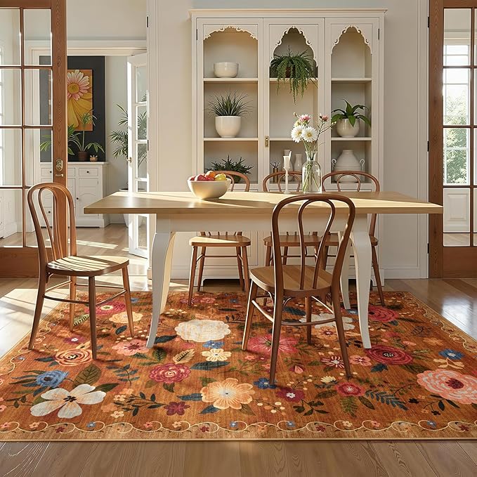 5x7 Washable Area Rug for Living Room, Floral Non-Slip Non-Shedding & Easy Care, Soft Low Pile Boho Indoor Floor Carpet for Living Room, Bedroom, Farmhouse, Dining Room, Kids Playroom, Orange