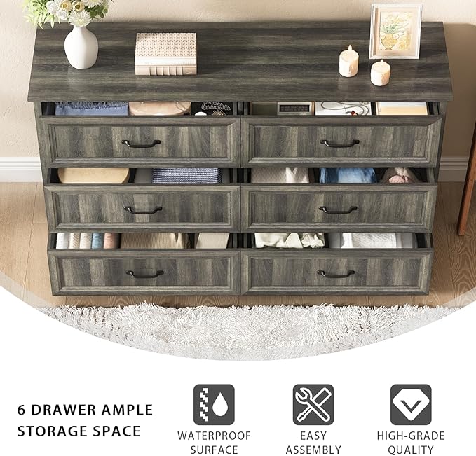 Farmhouse 6 Drawer Dresser for Bedroom, 55 Inch Wide Modern Grey Dresser TV Stand with Large Drawers & Bar Handles, Rustic Wood Chest of Drawers for Bedroom, Living Room