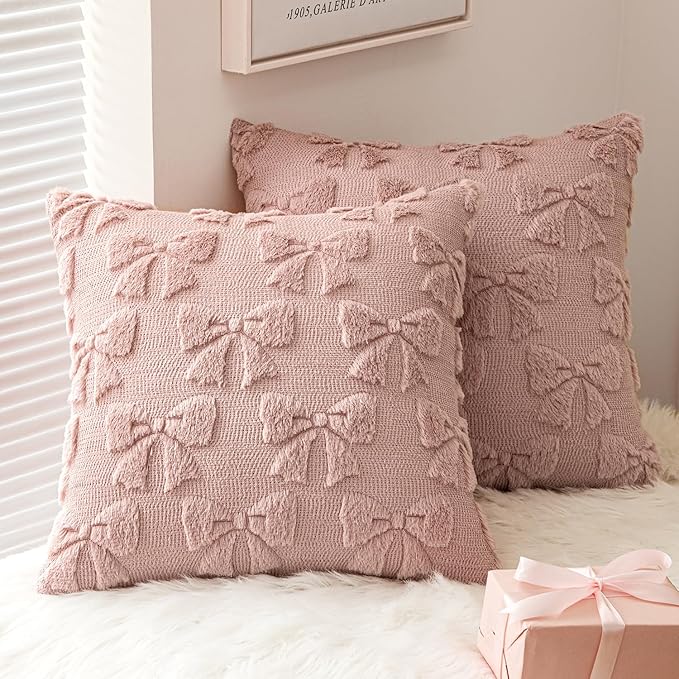 MIULEE Blush Pink Bow Pillow Covers Coquette Room Decor Aesthetic Set of 2 Decorative Cute Girl Throw Pillow Soft Plush Faux Pillowcase for Girl Bed Couch Sofa,18x18 Inch