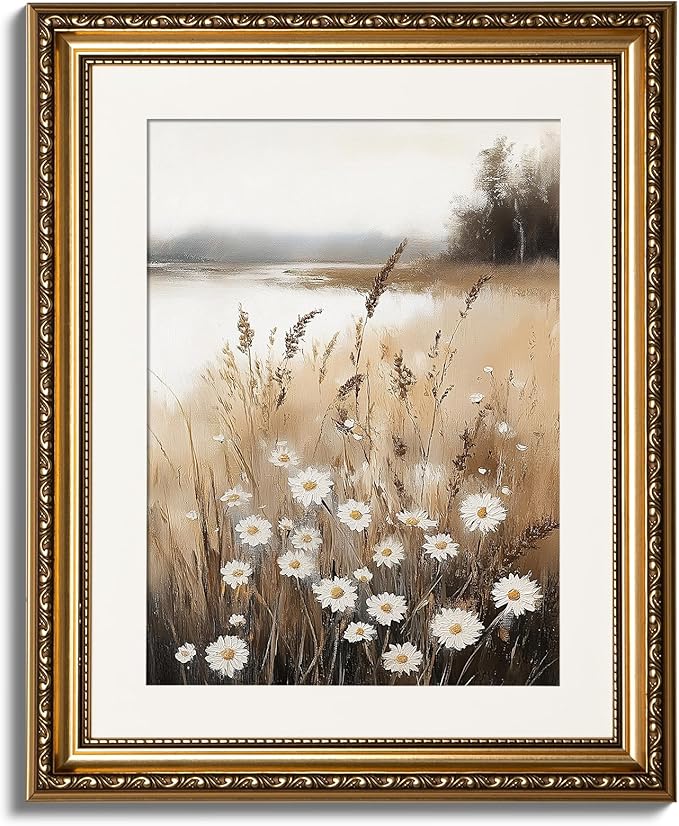 ARPEOTCY Vintage Gold Framed Wall Art, Wildflower Field Paintings, Floral Canvas Prints Artwork with Antique Frame, Victorian Wall Picture Decor for Room Gallery Living Room, 13x16 inch