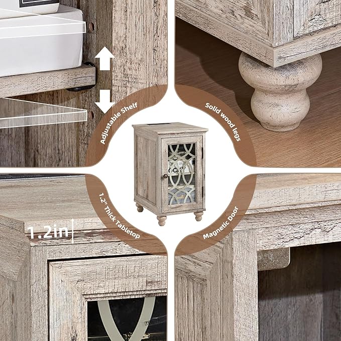 Narrow Side Table with Charging Station, Night Stand with Glass Door, Bedside End Tables with Adjustable Shelf Storage Cabinet,Wood Nightstand for Small Spaces Living Room Bedroom