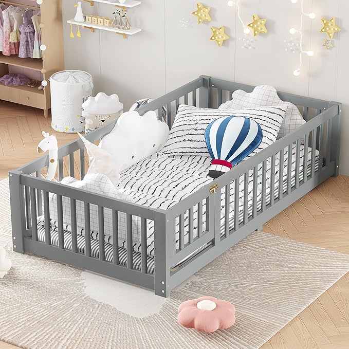 Harper & Bright Designs Twin Floor Bed Frame with Safety High Fence, Wood Montessori Bed with Door, Twin Size Floor Beds with Solid Wood Support Slats for Boys, Girls, Kids, Gray