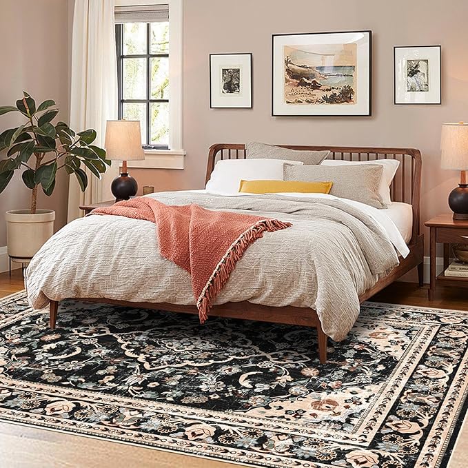 Vhong Black and Brown Area Rugs Boho Washable Vintage Modern Neutral Large Carpet 8×10 High Traffic Rugs for Dinning Room Living Room Bedroom Farmhouse Non Slip