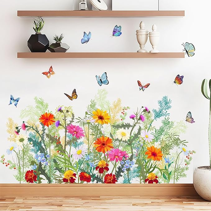 Colorful Floral Wall Stickers Flowers Daisy Butterfly Wall Decals for Living Room, Vivid Flowers Vine Decor Posters Chrysanthemum Art Murals Removable Home Decorations Stickers