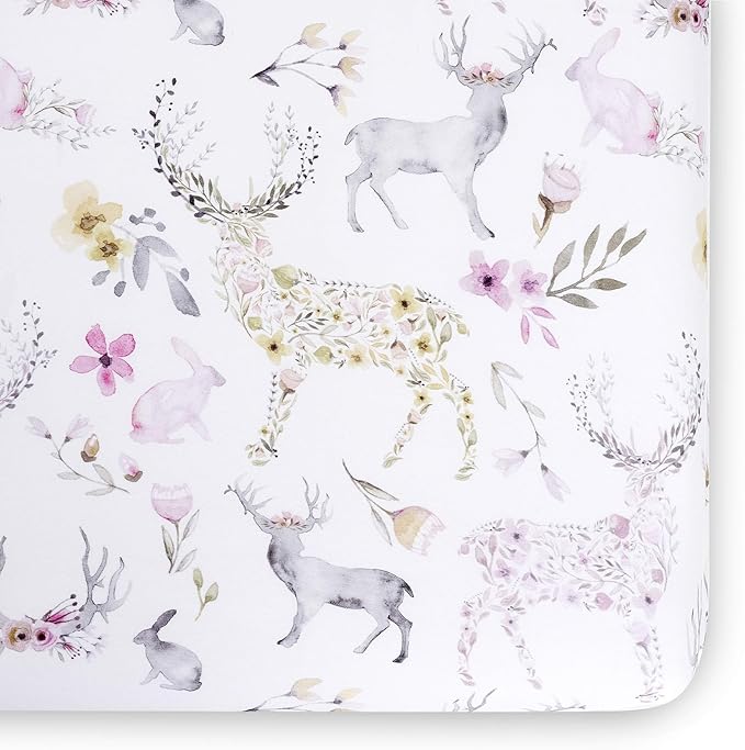 Oilo Crib Sheet, Breathable, Fitted, Turkish Cotton Jersey, 300 Thread Count, Machine Washable, Fits Standard Crib (28" x 52" x 6"), Toddler Bedding, Girl, Boy, & Neutral Nursery Design, Woodland Fawn