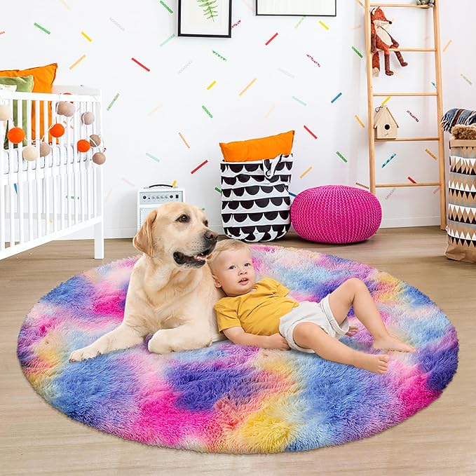 4x4 ft Pink Rainbow Round Fluffy Rug for Girls Bedroom,Colorful Soft Shaggy Circular Area Rug Kids Cute Fuzzy Carpet Furry for Living Room Nursery Playroom Room Unicorn Decor Reading Nook Mat