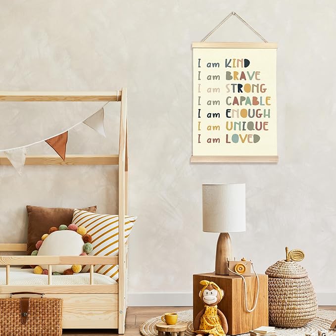 Hiuwevt Boho Classroom Wall Art, Boho I Am Kind Inspirational Poster Hanger Frame, Positive Affirmations Wall Art Home Decor for Kids Toddler Boys Girls Room Bedroom Nursery Playroom Classroom, 12x16 Inch