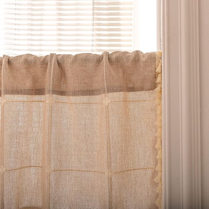 Deeprove Boho Curtain Valance 18 Inches Length Bohemian Lattice Gingham Textured Embroidery Plaids, Vintage Chic Tassels Antique Decor Drapes Rod Pocket, 1 Panel W52 x L18, Natural Linen