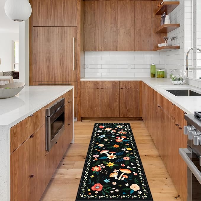 2x6 Machine Washable Kitchen Runner Rug, Non-Slip Vintage Floral Hallway Rug, Low Pile Carpet Runners for Laundry Room, Entryway, Bedroom & Kitchen(2x6 Black Mushroom)