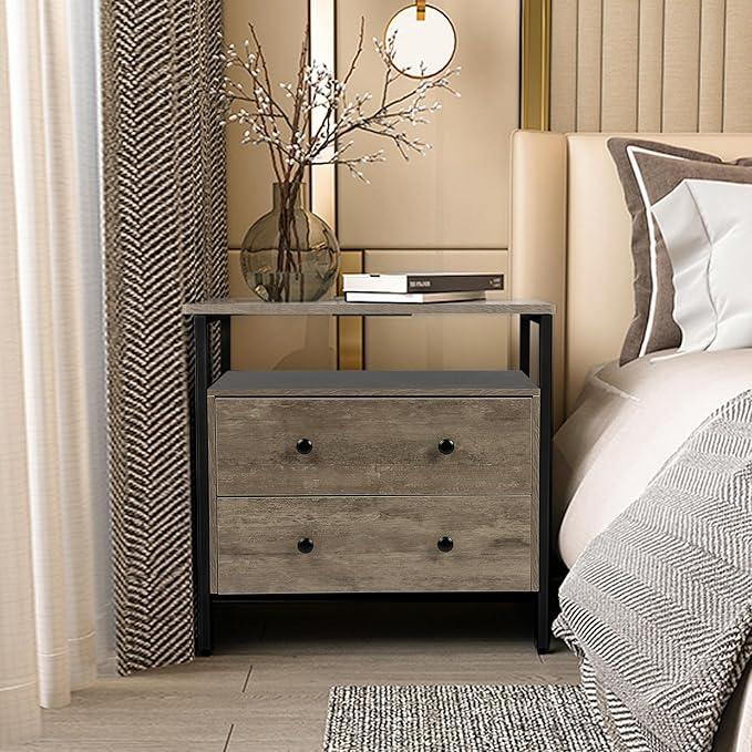 27 inch Wide Night Stand with Charging Station, Bedside Table with Open Shelf, 2 Drawers Small Wood Dresser, Modern Wood Nightstand for Bedroom/Living Room (Rustic Gray)