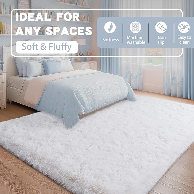 White Rugs for Living Room, Large Area Rug 6x9 Fluffy Shag Rug for Bedroom, Soft & Non Slip Fuzzy Thick Plush Carpet for Kids Room Dorm Home Decor