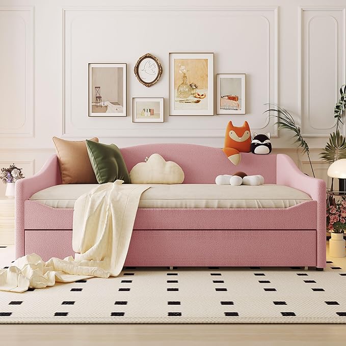 Merax Full Size Upholstered Daybed with Light and Trundle, Pink Teddy Fleece Sofa Bed Modern Wooden Platform Bed Frame for Bedroom, Living Room, Guest Room, Apartment