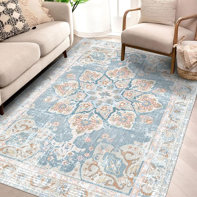 Vhong Washable Area Rugs Boho Vintage Neutral Modern Pale Blue 4x6 Non Slip Carpet for Living Room Dining Room Bedroom
