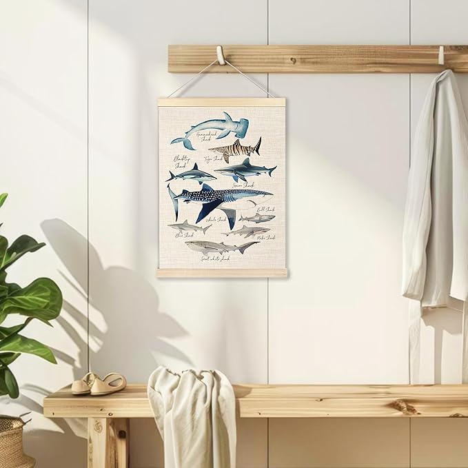 Ecezatik Species of Sharks Wall Art with Wooden Poster Hanger, Shark Posters, Beach Room Decor, Ocean Room Decor, Shark Wall Art Decor for for Classroom Nursery Kids Room Playroom, 12x16 Inch