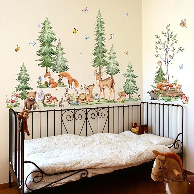 Woodland Pine Tree Wall Decals Forest Animals Wall Stickers Peel and Stick Wall Decal Living Room Baby Nursery Bedroom Kids Room Wall Decor