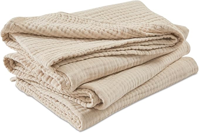 EMME Cotton Muslin Large Throw Blanket Couch Breathable Gauze Soft Lightweight Bed Blankets Adults (Beige, 50"x70")