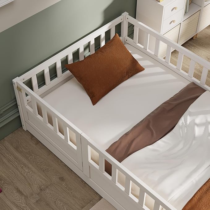GDFStudio Twin Size Toddler Floor Bed Frame with Door & Guardrails, Toddler Twin Bed Frame for Kids Boys Girls, Low to Floor Child Bed Rail Design, Wooden Floor Bed for Baby, No Support Slat, White