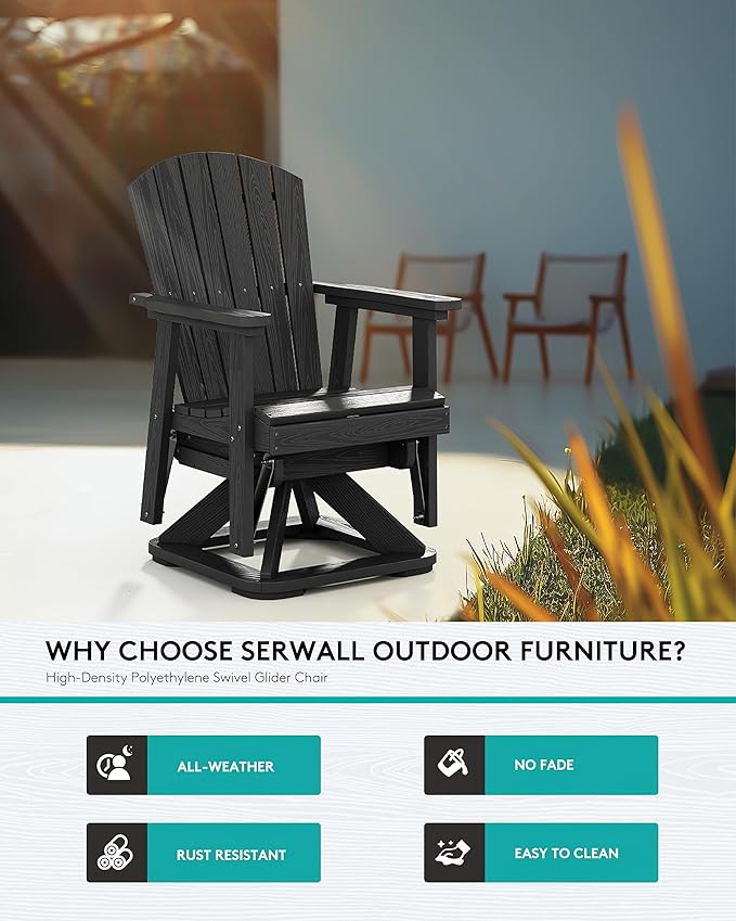 SERWALL Adirondack Swivel Glider Chair, HDPE Swivel Glider Set of 4 for Outdoor, All-Weather Glider Rocking Chair for Porch, Balcony, Black
