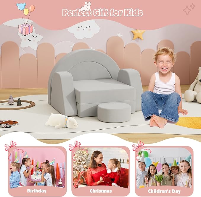 7 PCS Modular Kids Play Block Couch Child Sectional Sofa Toddler Building Fortplay Bedroom Playroom Baby Convertible Floor Foam Cushion for Boys & Girls (Light Gray-Single)