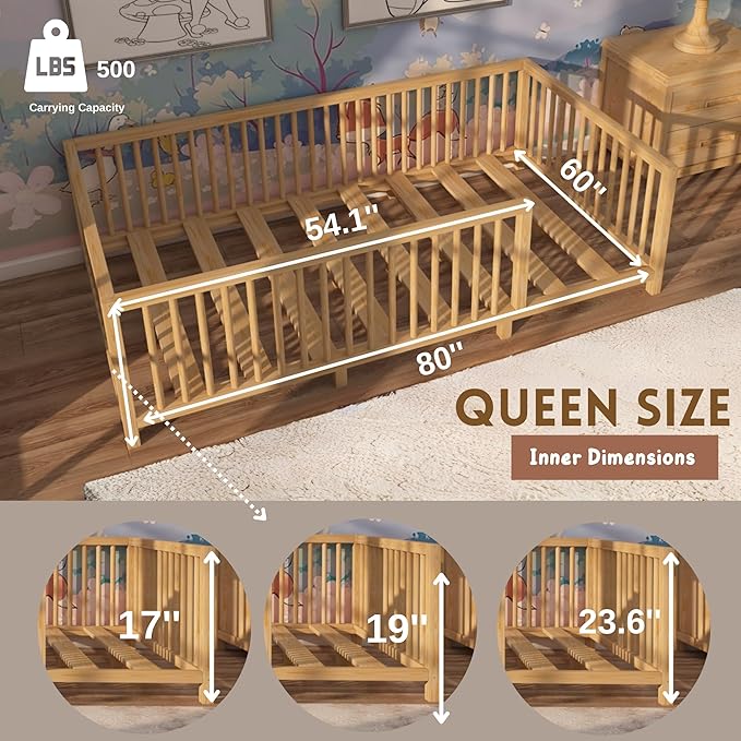 Montessori Floor Bed with Slats for Toddler 60'' x 80'' Queen Size | Pine Wood Natural Solid Frame Bed | Sturdy Design Floor Bed Frame for Boy and Girls (Queen, Height : 19 Inches)