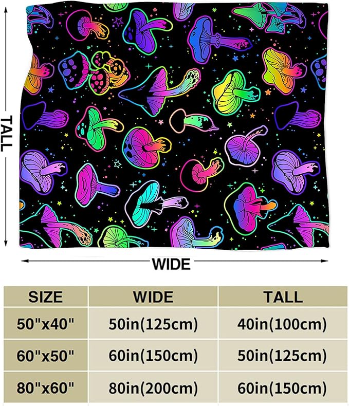 Colorful Mushroom Blanket - Soft, Warm & Cozy Fleece for Girls, Women, Kids & Adults - 60"x50"