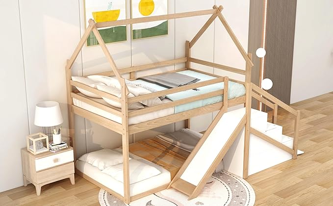 Flieks Twin Over Twin House Loft or Bunk Bed Frame for Boys Girls Kids Adults Toddler with Slide and Staircase, Natural