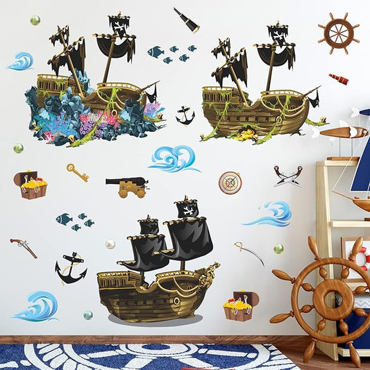 4 Sheet Pirate Ship Wall Sticker Shipwreck Wall Decal DIY Self-Adhesive Waterproof Waves Treasure Fish Hook Pearl Coral Reef Wall Art Decoration for Bathroom Kids Boys Bedroom Playroom Nursery