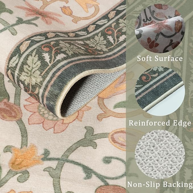 Anidaroel Washable Area Rugs 5x7, Floral Rug for Living Room Boho Area Rug, Non Slip Soft Large Bedroom Rug, Low Pile Stain Resistant Dining Room Rugs Indoor Floor Carpet for Dorm, Beige