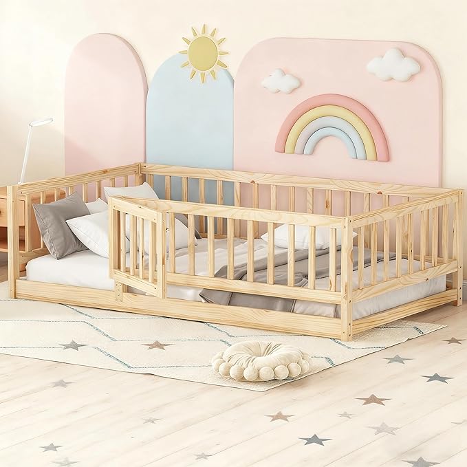 Twin Size Montessori Floor Bed with Rails & Door - 77" x 41.5"x 21.5" Wooden Low Profile Toddler Bed Frame, Natural Oak Finish