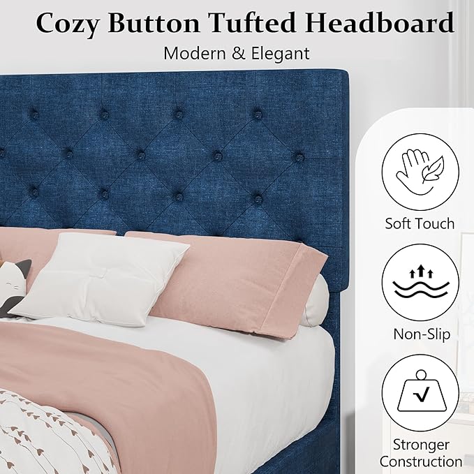BarnFurin King Size Bed Frame, Upholstered Platform Bed Frame King with Button Tufted Headboard, Wooden Slats Support, No Box Spring Required, Easy Assembly, Navy Blue