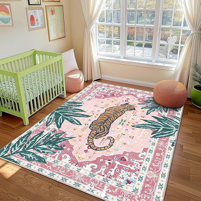 Area Rug Pink 4x6 Tiger Rug Washable Non-Slip Boho Vintage Tropical Animal Print Jungle Rug for Bedroom Girls Room Hallway Soft Cozy Whimsical Woodland Carpet for Play Room Laundry Room