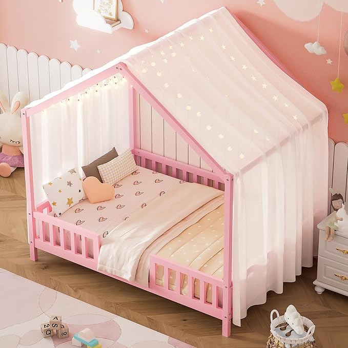 Bellemave Full House BedFrame with Canopy, Montessori Floor Bed, House Bed with Rails for Kids, Pink