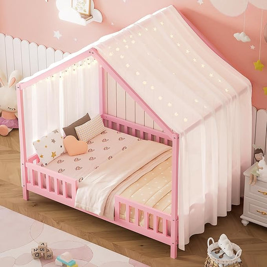 Bellemave Full House BedFrame with Canopy, Montessori Floor Bed, House Bed with Rails for Kids, Pink