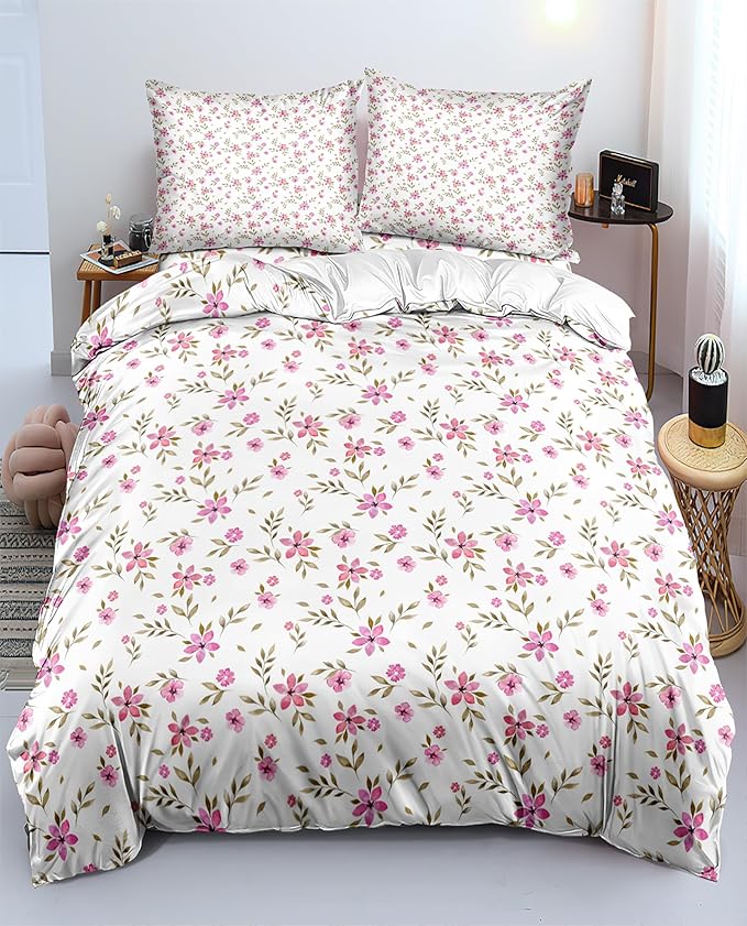 Floral Girls Duvet Cover Full Size Pink Floral Duvet Cover Chic Garden Flower Bedding Sets Lightweight Soft Aesthetic Flower Comforter Cover 1 Full Duvet Cover with 2 Pillowcases, No Comforter