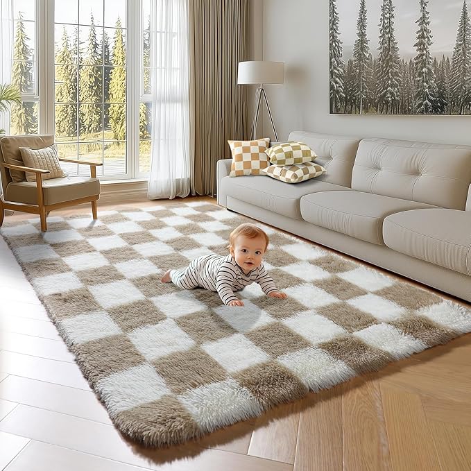 KICMOR Rugs for Living Room, 5x8 Fluffy Soft Beige and Cream White Checkered Shag Area Rug Large Fuzzy Shaggy Bedroom Carpet, Plush Rug for Kids Boys Girls Teen Dorm Nursery Home Decor Aesthetic