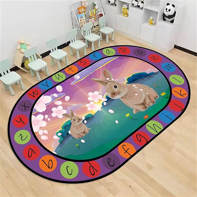 Children's Area Rugs, 5x6ft, Educational and Fun Rugs with ABC Alphabet, Rabbit Bunny Sakura Flower Easter Floor Mat, Non-Slip Washable Kids Play Mat for Boys and Girls Home Decor