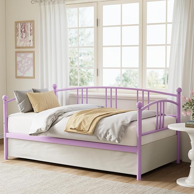 GarveeHome Twin Daybed, Sturdy Metal Day Bed with Steel Slat Support, Arched Headboard Sofa Bed for Living Room, Bedroom and Guest Room, Purple