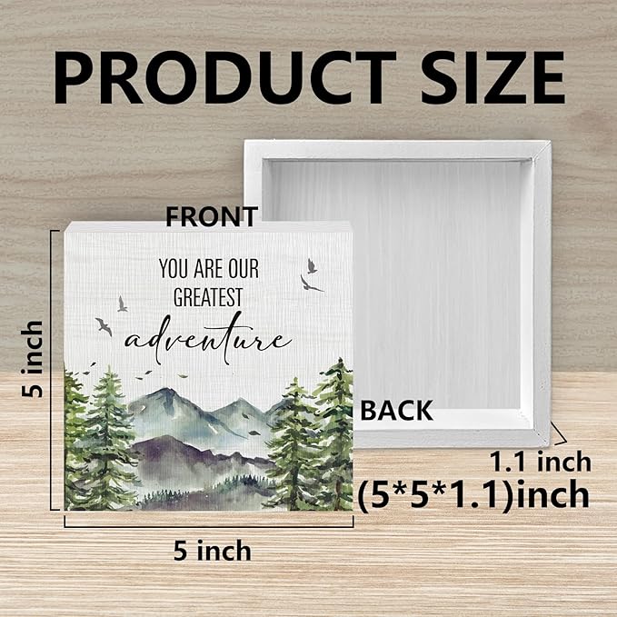 Woodland Nursery Wooden Box Sign, Inspirational Desk Decor, Forest Mountain You Are Our Greatest Adventure Wood Block Box Sign Plaque for Kids Baby Boys Room Nursery Wall Shelf Decor